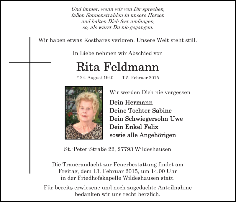 Traueranzeigen Von Rita Feldmann Nordwest Trauer De