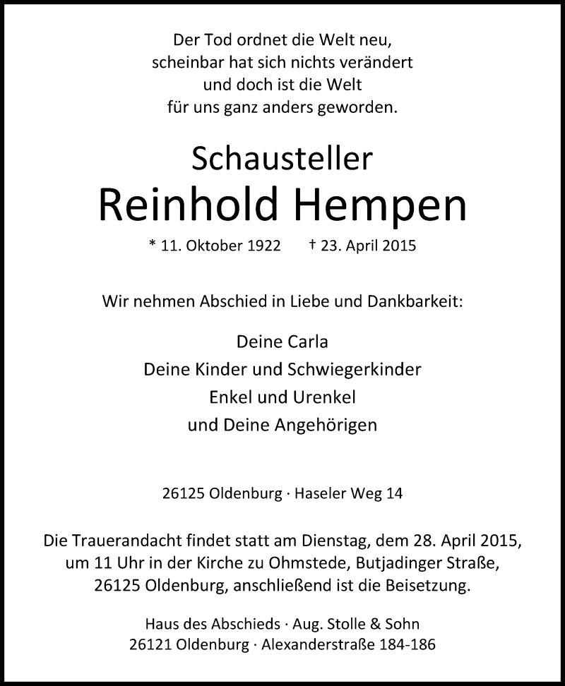  Traueranzeige für Reinhold Hempen vom 25.04.2015 aus Nordwest-Zeitung