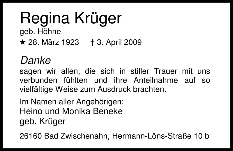 Traueranzeigen von Regina Krüger nordwest trauer de