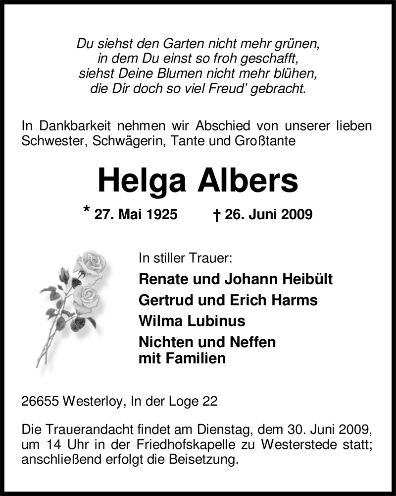 Traueranzeigen Von Helga Albers Nordwest Trauer De