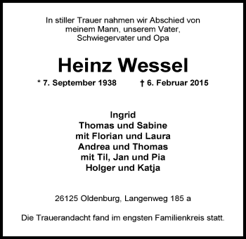 Traueranzeigen Von Heinz Wessel Nordwest Trauer De