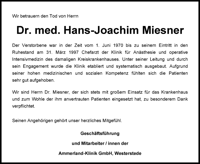  Traueranzeige für Hans-Joachim Miesner vom 08.05.2015 aus Nordwest-Zeitung