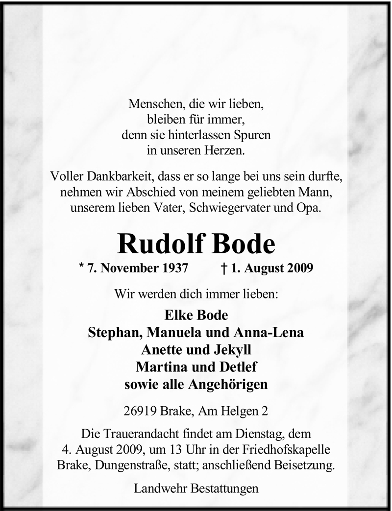 Traueranzeigen Von Rudolf Bode Nordwest Trauer De