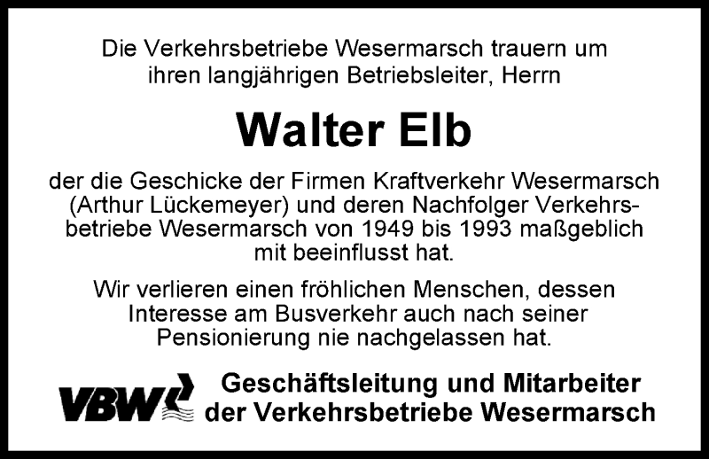  Traueranzeige für Walter Elb vom 03.11.2015 aus Nordwest-Zeitung