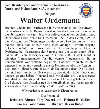 Traueranzeigen Von Dr Jur Walter Ordemann Nordwest Trauer De