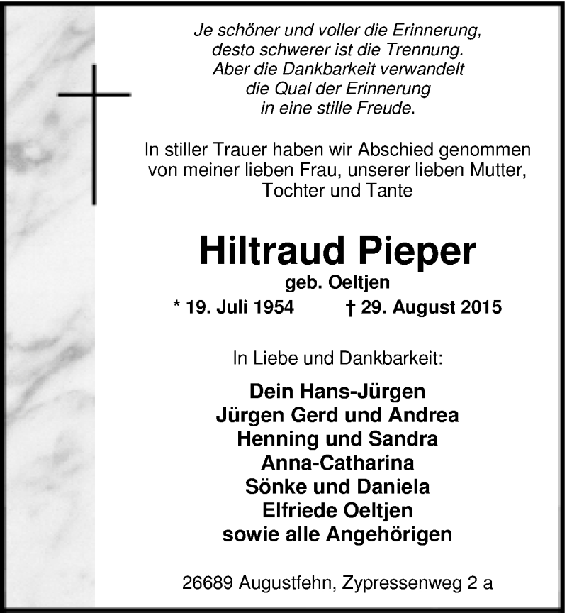  Traueranzeige für Hiltraud Pieper vom 03.09.2015 aus Nordwest-Zeitung