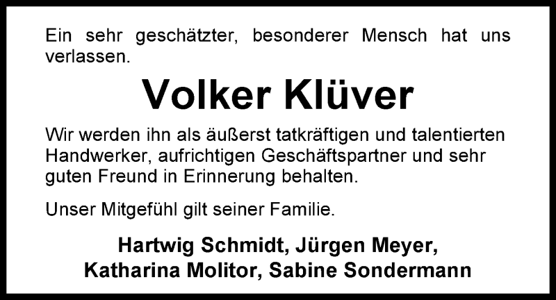  Traueranzeige für Volker Klüver vom 26.01.2015 aus Nordwest-Zeitung