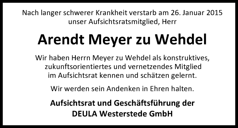  Traueranzeige für Johann Arendt Meyer zu Wehdel vom 28.01.2015 aus Nordwest-Zeitung