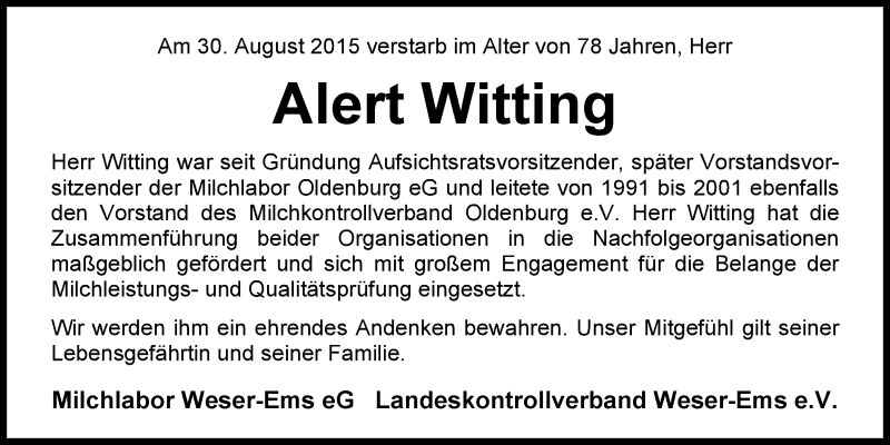  Traueranzeige für Alert Witting vom 02.09.2015 aus Nordwest-Zeitung