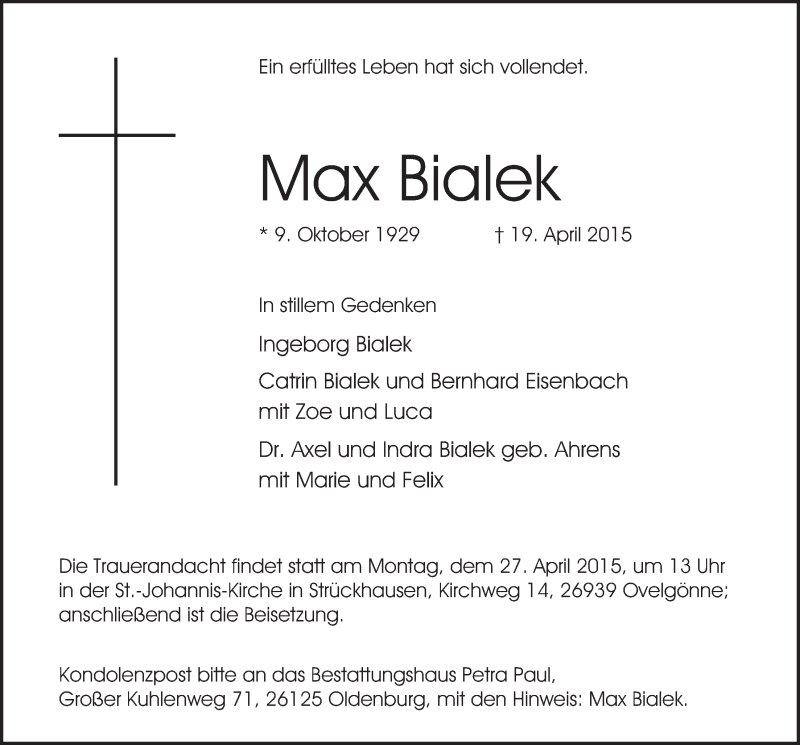  Traueranzeige für Max Bialek vom 22.04.2015 aus Nordwest-Zeitung