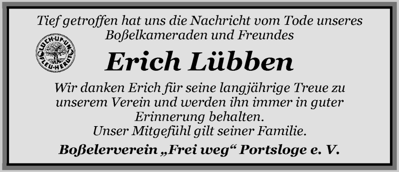  Traueranzeige für Erich Lübben vom 24.01.2015 aus Nordwest-Zeitung