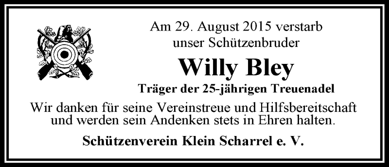 Traueranzeige für Willy Bley vom 01.09.2015 aus Nordwest-Zeitung