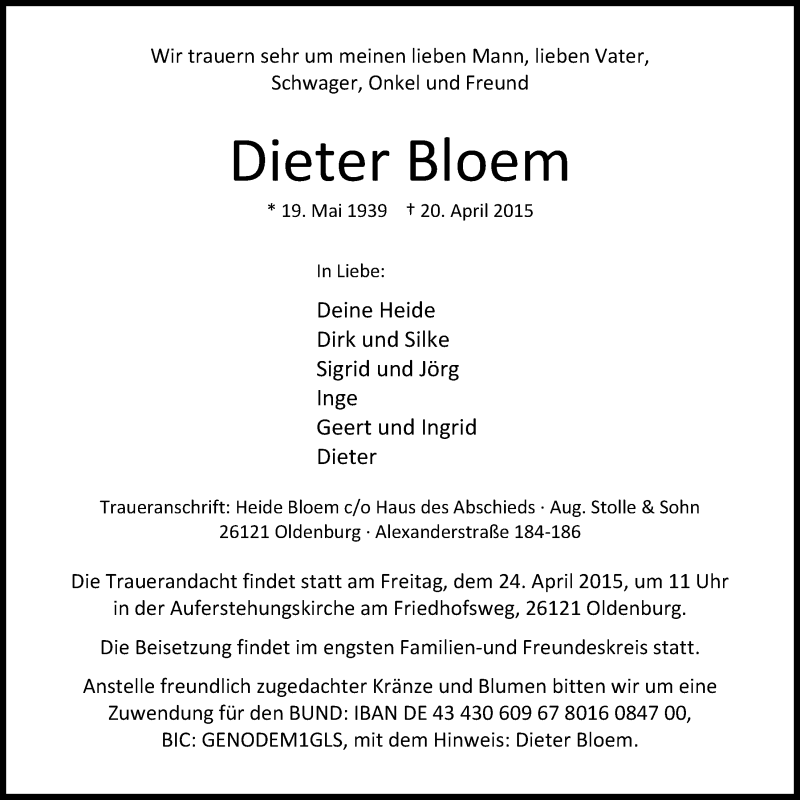 Traueranzeige für Dieter Bloem vom 22.04.2015 aus Nordwest-Zeitung