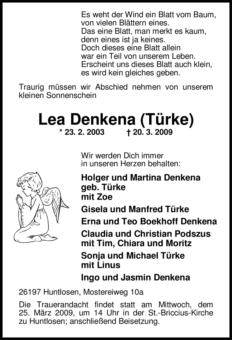  Traueranzeige für Lea Denkena vom 23.03.2009 aus Nordwest-Zeitung