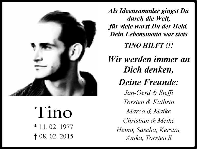  Traueranzeige für Tino Behrens vom 13.02.2015 aus Nordwest-Zeitung