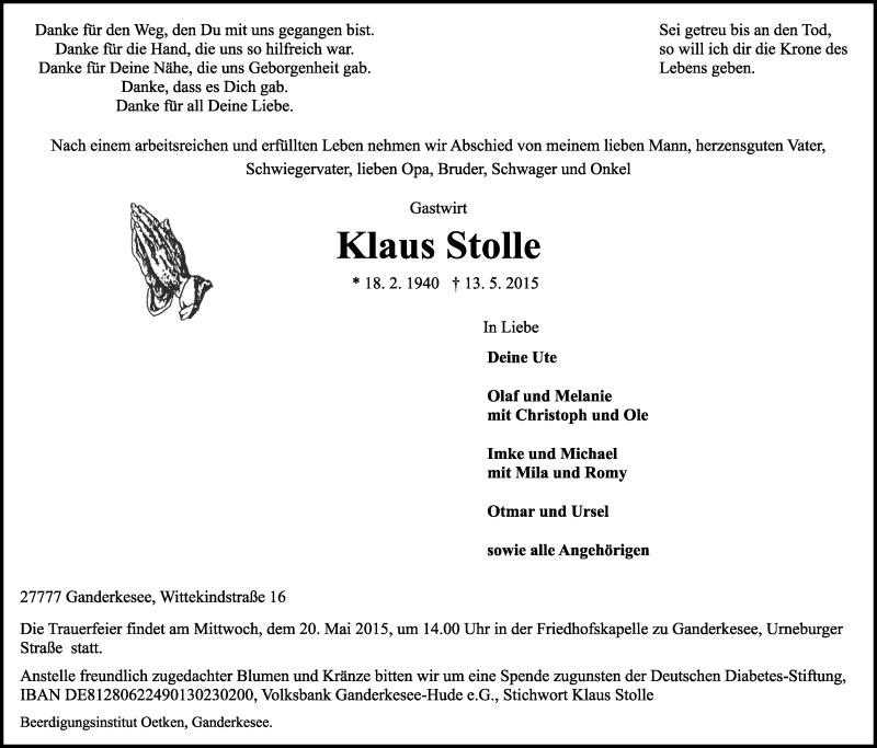  Traueranzeige für Klaus Stolle vom 16.05.2015 aus Nordwest-Zeitung