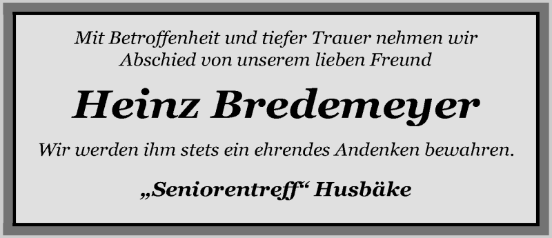  Traueranzeige für Heinz Bredemeyer vom 06.05.2015 aus Nordwest-Zeitung
