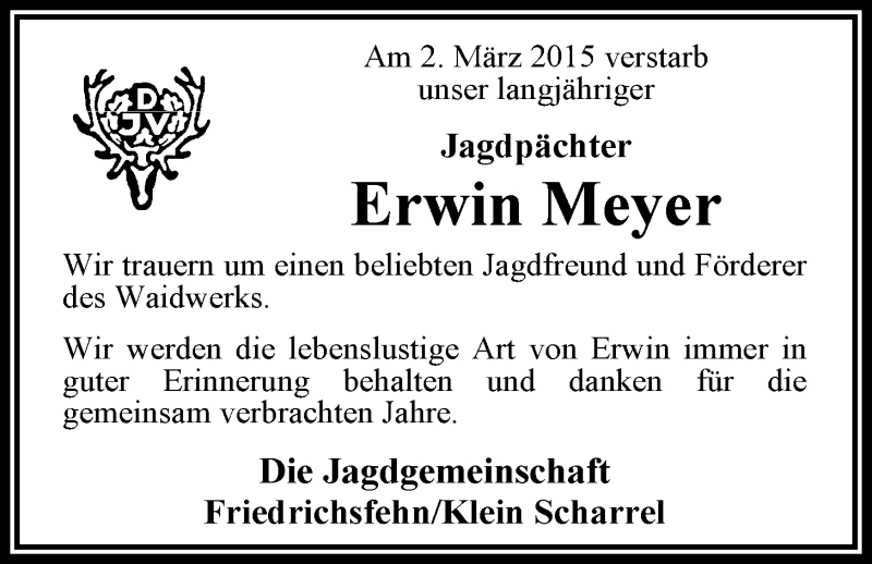  Traueranzeige für Erwin Meyer vom 05.03.2015 aus Nordwest-Zeitung