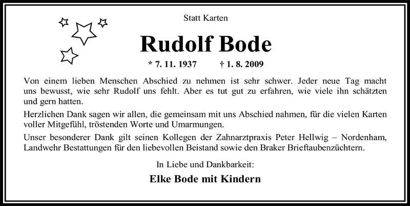 Traueranzeigen Von Rudolf Bode Nordwest Trauer De