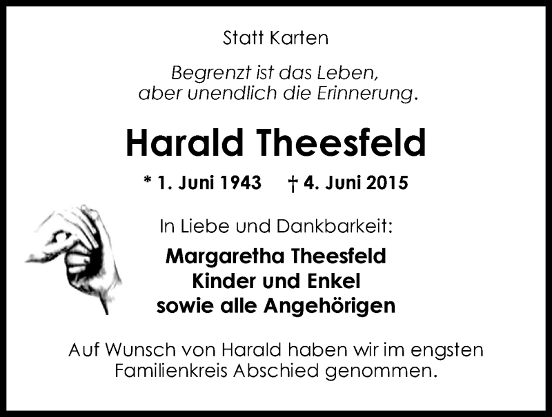  Traueranzeige für Harald Theesfeld vom 20.06.2015 aus Nordwest-Zeitung
