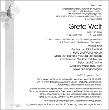 Traueranzeige von Grete Wolf von Nordwest-Zeitung