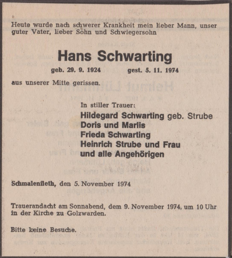  Traueranzeige für Hans Schwarting vom 05.11.1974 aus Nordwest Zeitung