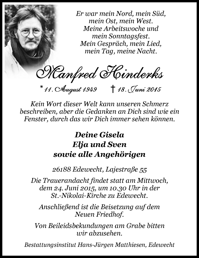  Traueranzeige für Manfred Hinderks vom 20.06.2015 aus Nordwest-Zeitung