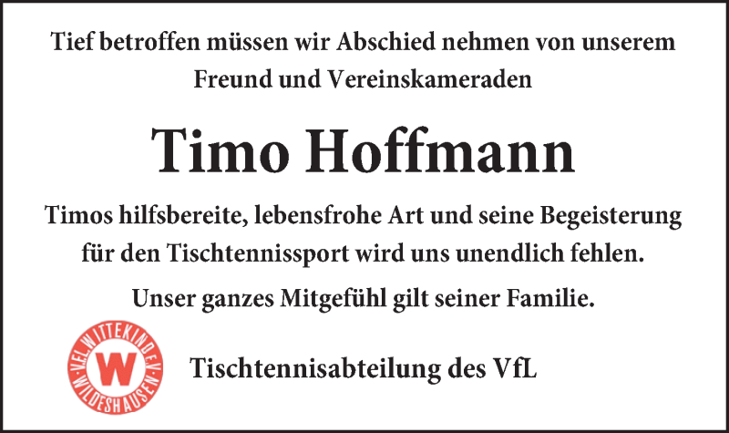  Traueranzeige für Timo Hoffmann vom 12.01.2015 aus Nordwest-Zeitung