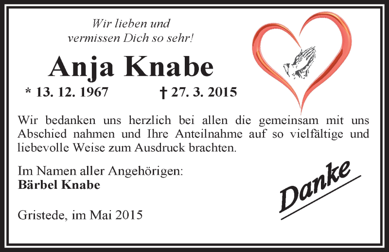  Traueranzeige für Anja Knabe vom 02.05.2015 aus Nordwest-Zeitung