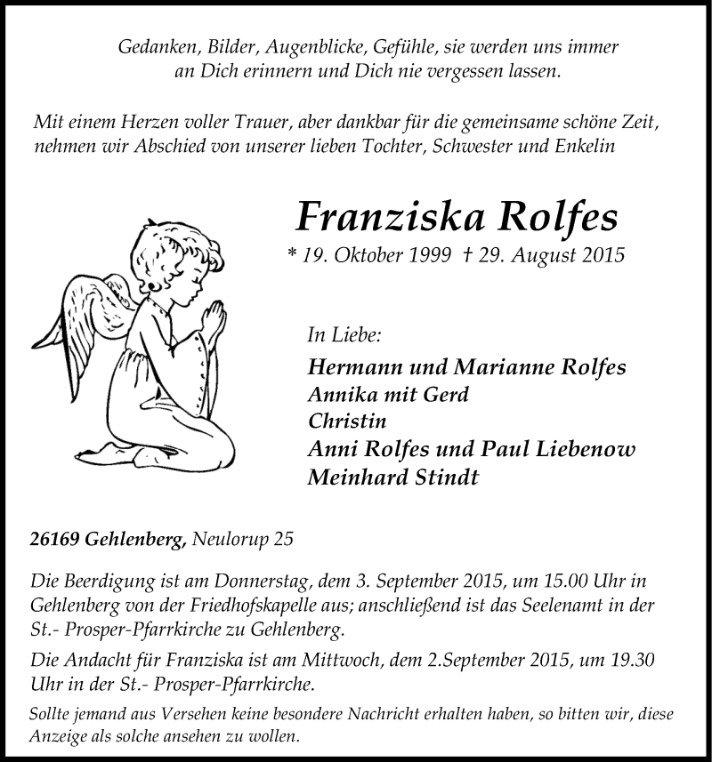  Traueranzeige für Franziska Rolfes vom 01.09.2015 aus Nordwest-Zeitung