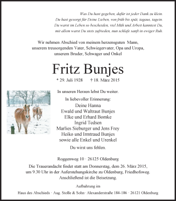 Traueranzeigen Von Fritz Bunjes Nordwest Trauer De