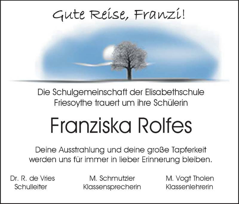  Traueranzeige für Franziska Rolfes vom 03.09.2015 aus Nordwest-Zeitung