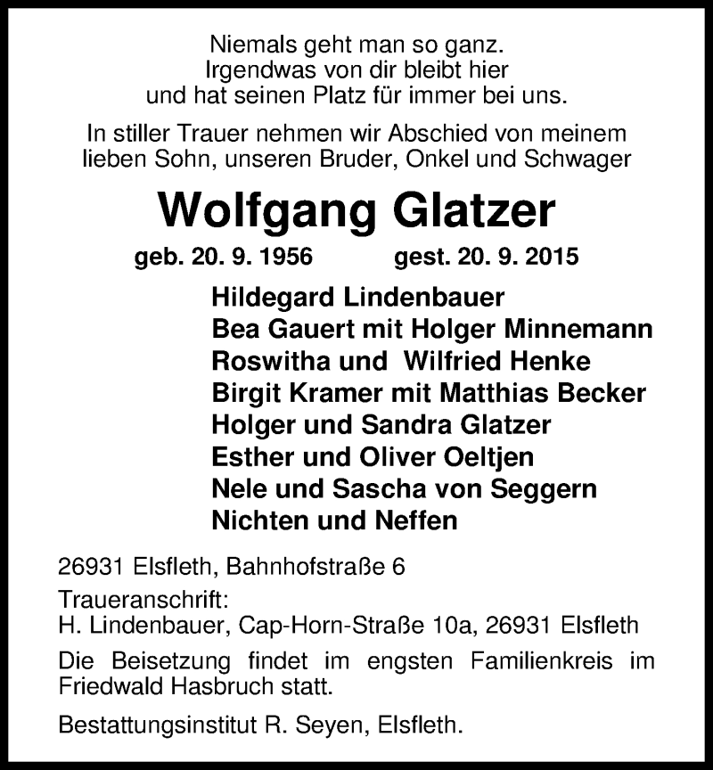  Traueranzeige für Wolfgang Glatzer vom 22.09.2015 aus Nordwest-Zeitung