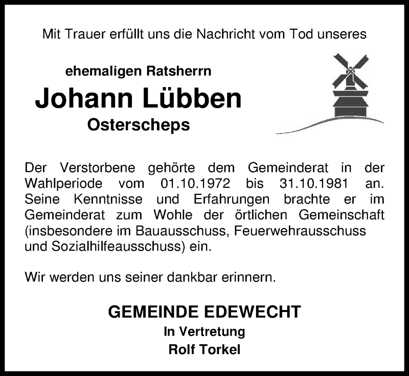 Traueranzeige für Johann Lübben vom 17.02.2015 aus Nordwest-Zeitung