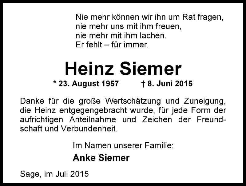  Traueranzeige für Heinz Siemer vom 31.07.2015 aus Nordwest-Zeitung