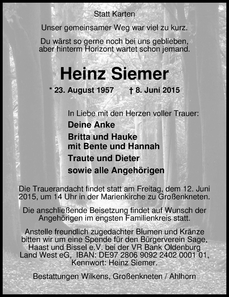  Traueranzeige für Heinz Siemer vom 10.06.2015 aus Nordwest-Zeitung