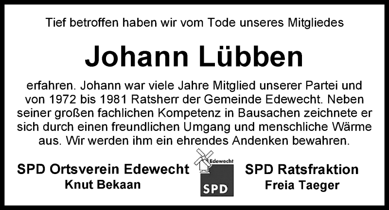  Traueranzeige für Johann Lübben vom 18.02.2015 aus Nordwest-Zeitung