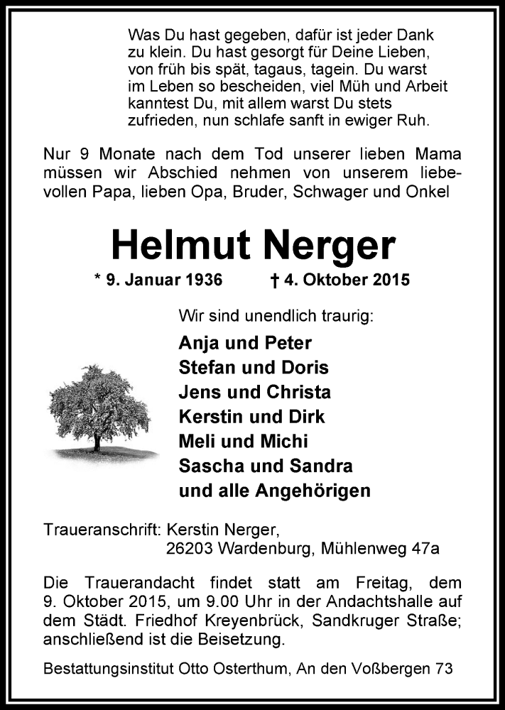  Traueranzeige für Helmut Nerger vom 07.10.2015 aus Nordwest-Zeitung