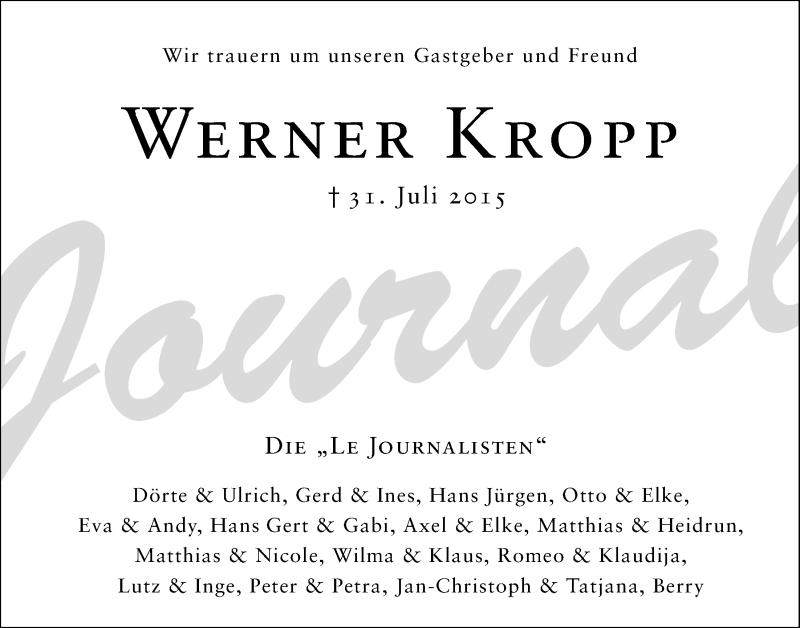  Traueranzeige für Werner Kropp vom 07.08.2015 aus Nordwest-Zeitung