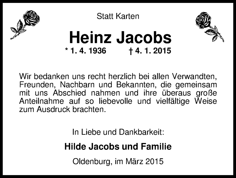 Traueranzeigen Von Heinz Jacobs Nordwest Trauer De