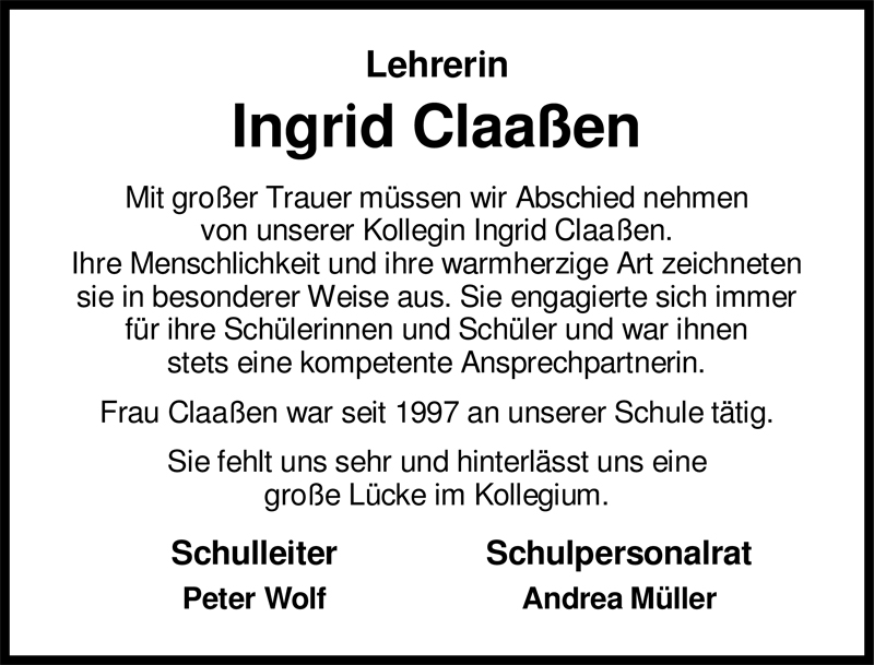  Traueranzeige für Ingrid Claaßen vom 05.10.2009 aus Nordwest-Zeitung