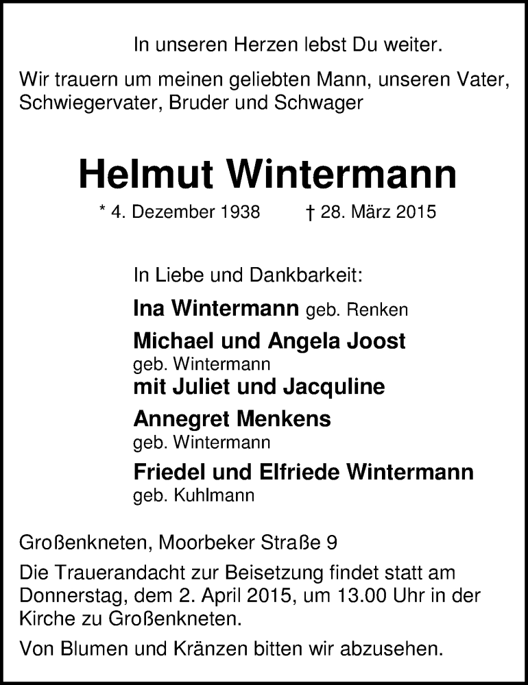  Traueranzeige für Helmut Wintermann vom 30.03.2015 aus Nordwest-Zeitung