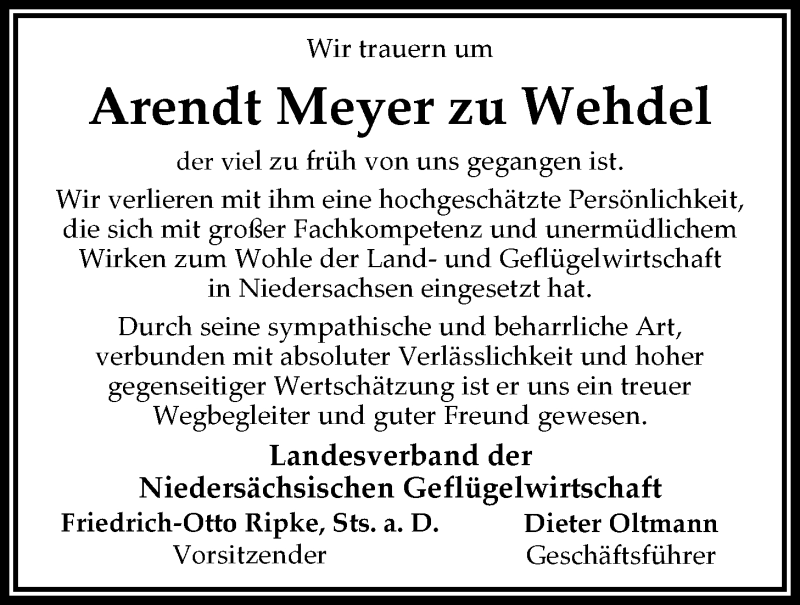  Traueranzeige für Johann Arendt Meyer zu Wehdel vom 29.01.2015 aus Nordwest-Zeitung