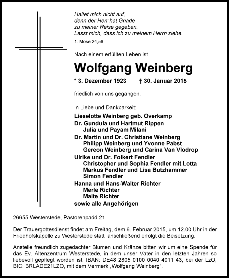  Traueranzeige für Wolfgang Weinberg vom 03.02.2015 aus Nordwest-Zeitung