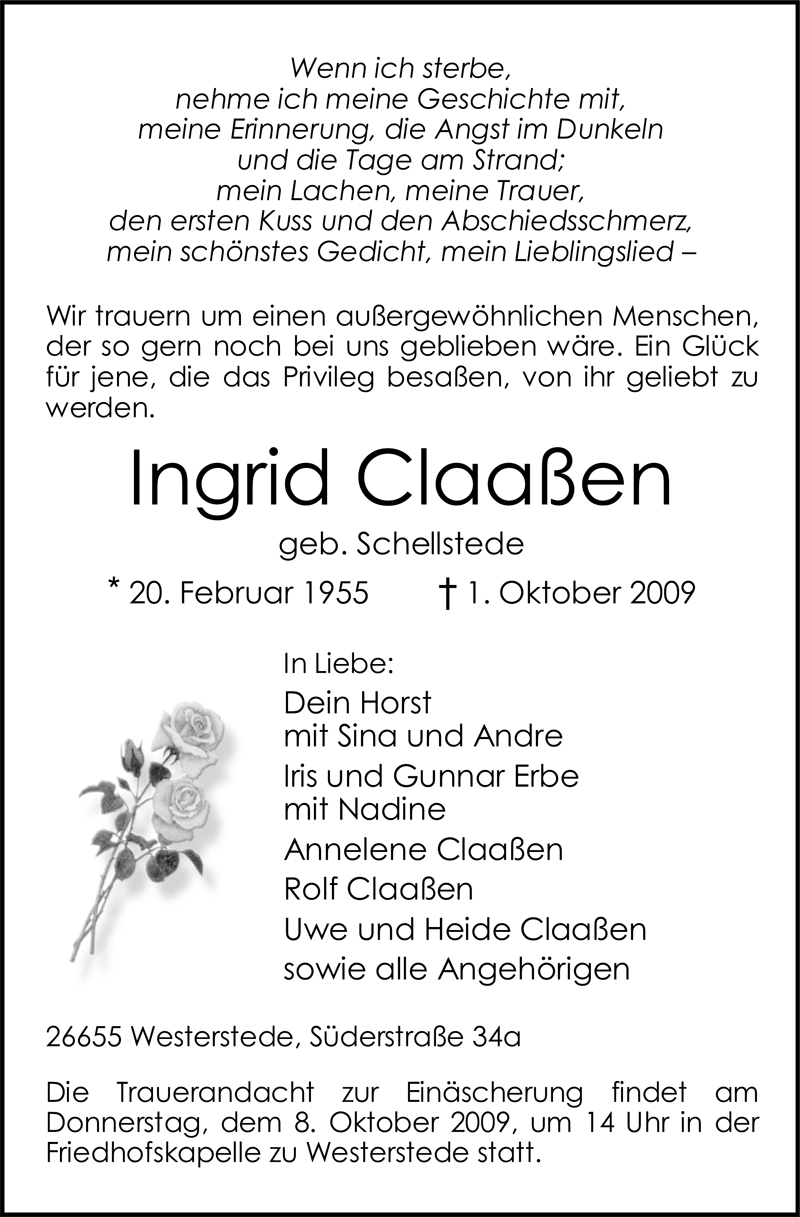  Traueranzeige für Ingrid Claaßen vom 05.10.2009 aus Nordwest-Zeitung