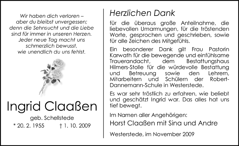  Traueranzeige für Ingrid Claaßen vom 28.11.2009 aus Nordwest-Zeitung