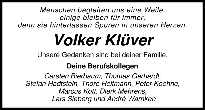  Traueranzeige für Volker Klüver vom 23.01.2015 aus Nordwest-Zeitung