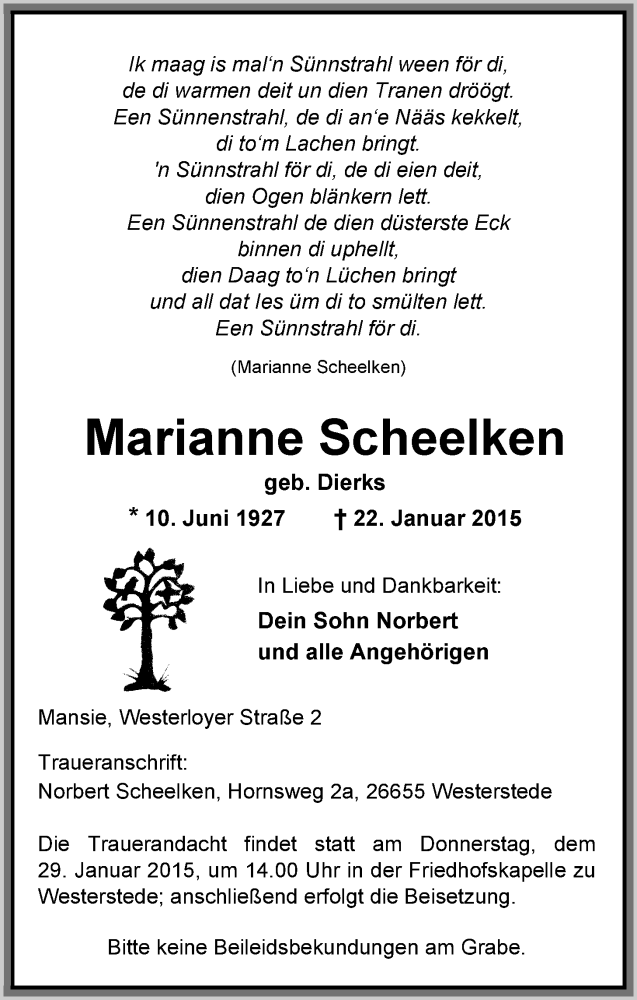  Traueranzeige für Marianne Scheelken vom 27.01.2015 aus Nordwest-Zeitung