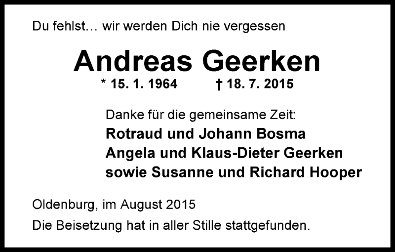  Traueranzeige für Andreas Geerken vom 13.08.2015 aus Nordwest Zeitung