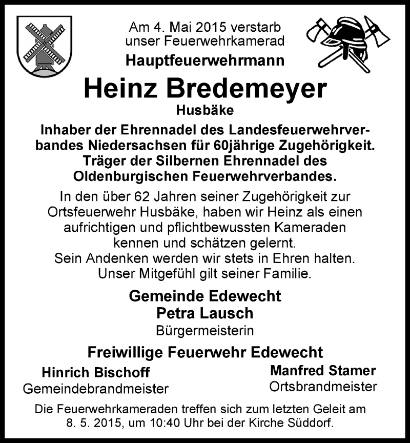  Traueranzeige für Heinz Bredemeyer vom 07.05.2015 aus Nordwest-Zeitung
